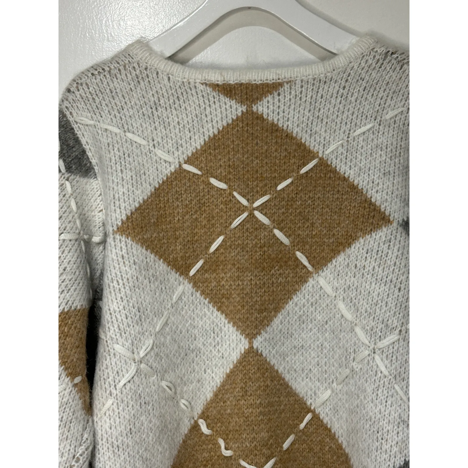English Factory Argyle Crop Cardigan White Gray Tan Size 1X NWOT Preppy Classic - Image 10