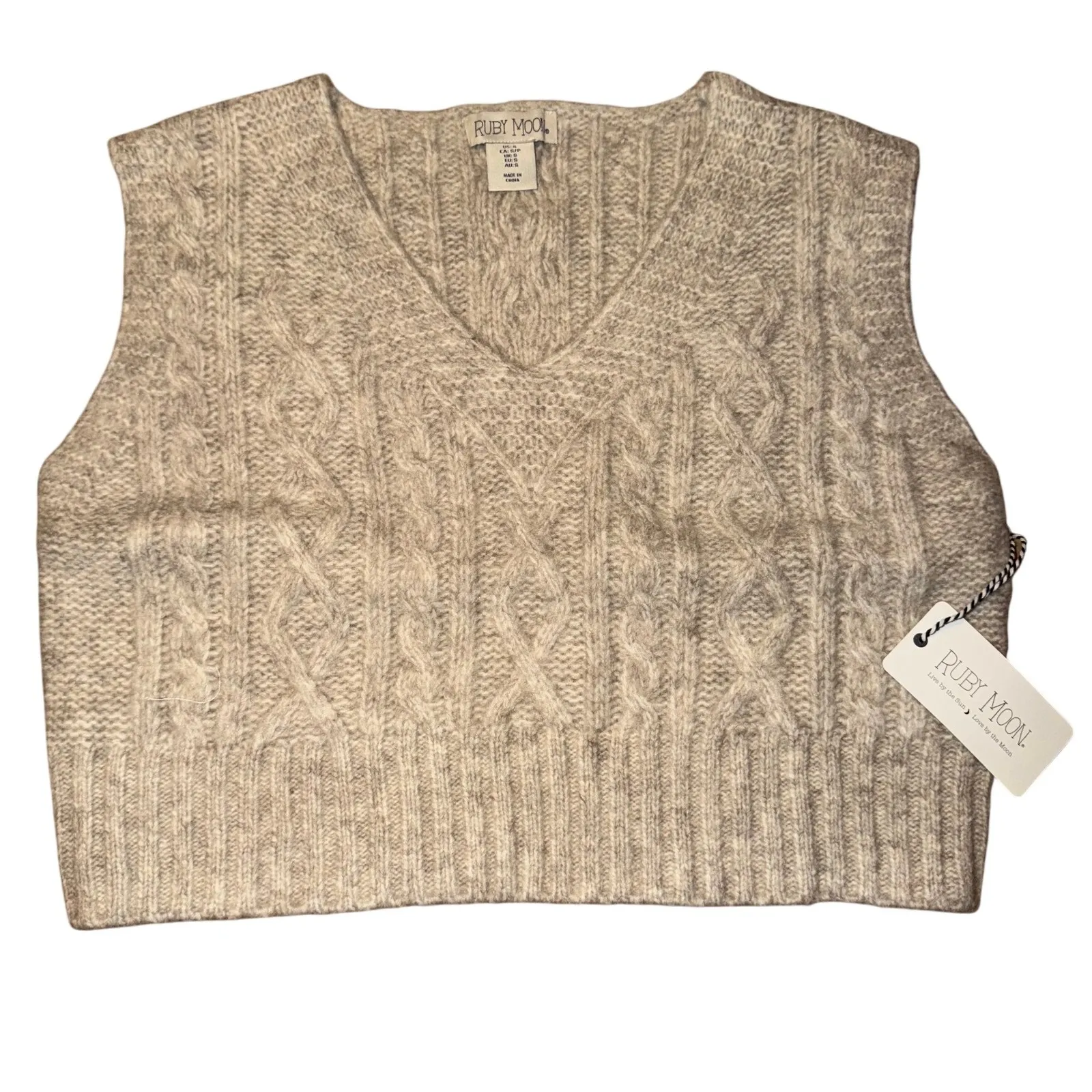 Ruby Moon Cable Knit V-Neck Sleeveless Sweater Vest, Tan, Size S, NWT - Image 2
