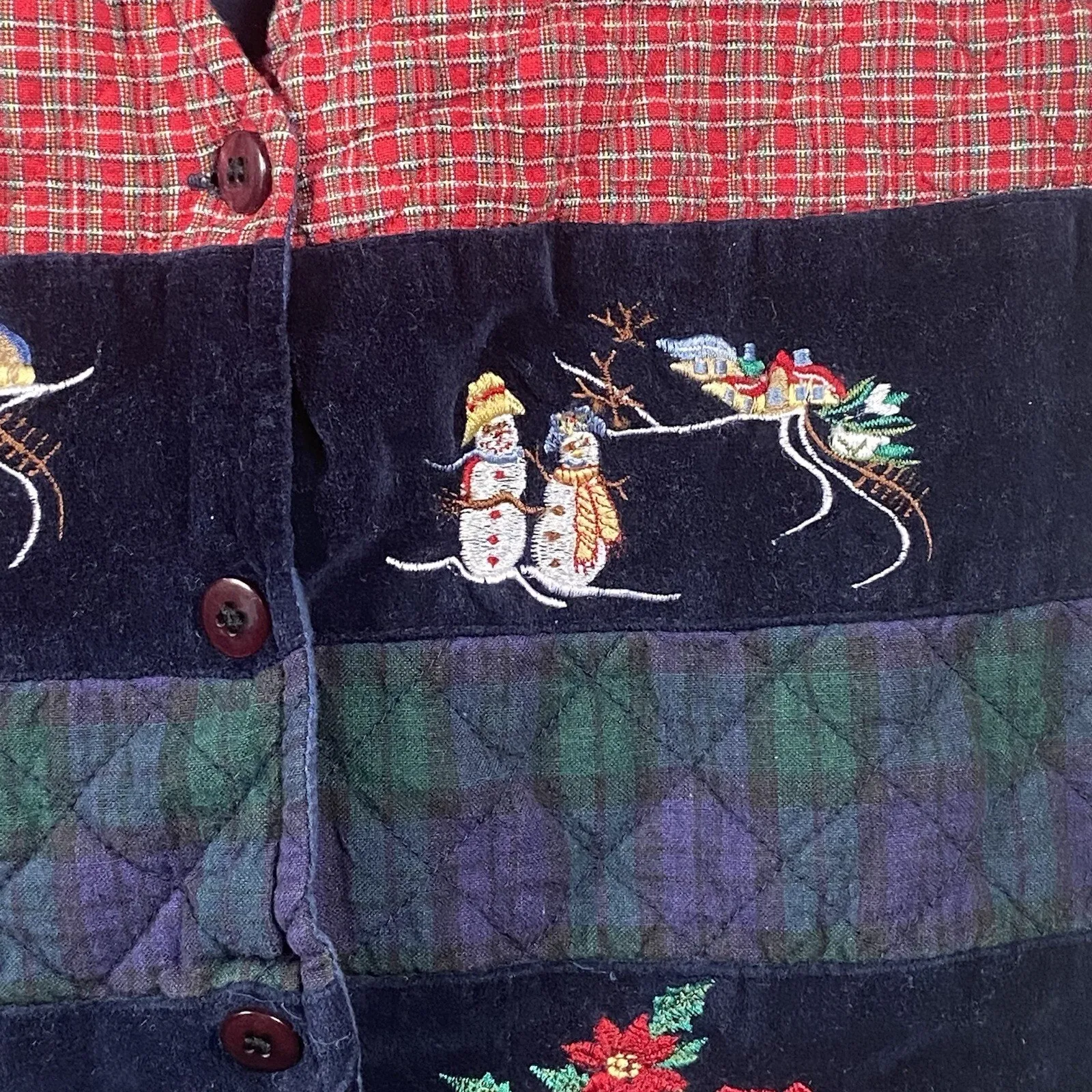 Vintage Casey & Max Plaid Christmas Vest Size Large Embroidered Snowmen Bells - Image 5