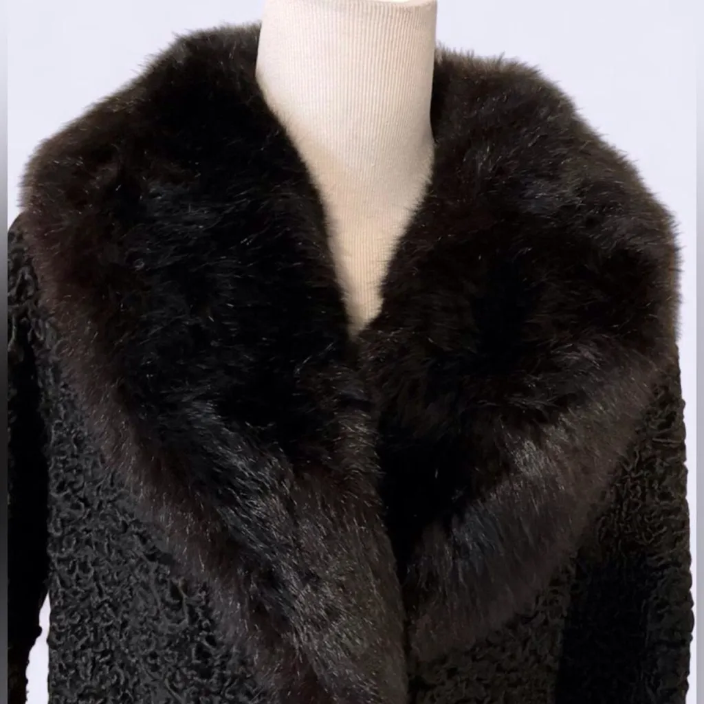 Vintage Mink Fur Collar Persian Lamb Coat Black Size M - Image 6