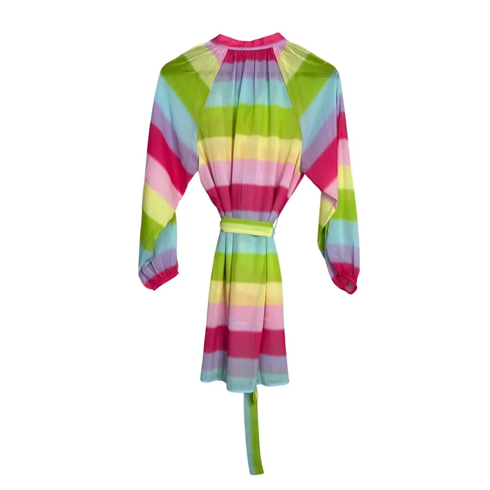 Colorful Rainbow Stripe Tunic Surf Resort Beach Sheer CoverUp M Pastel Colorful Pink Size M - Image 11
