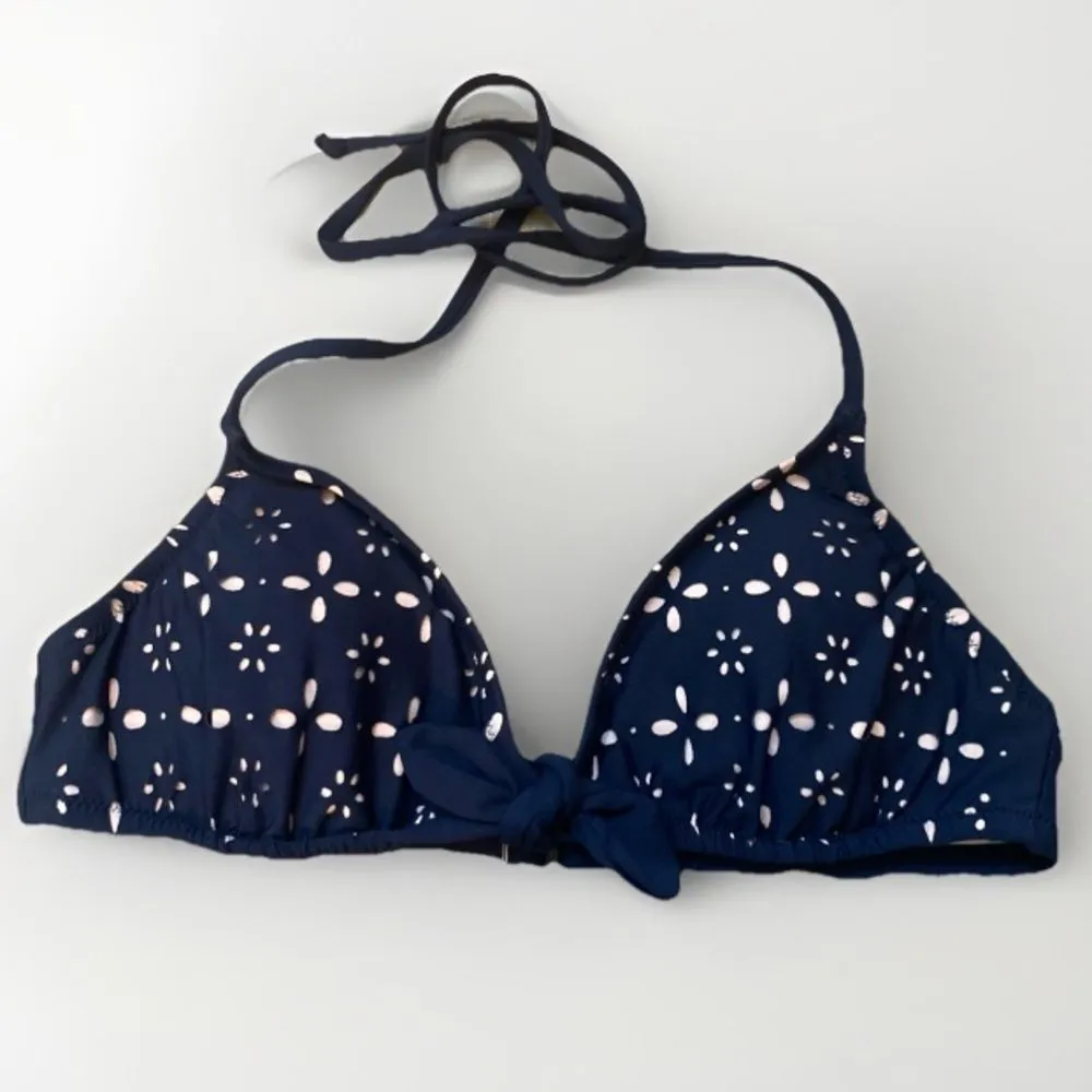 NWT J. Crew Navy Eyelet Bikini Top M Halter Laser-cut Preppy Classic Coastal - Image 3