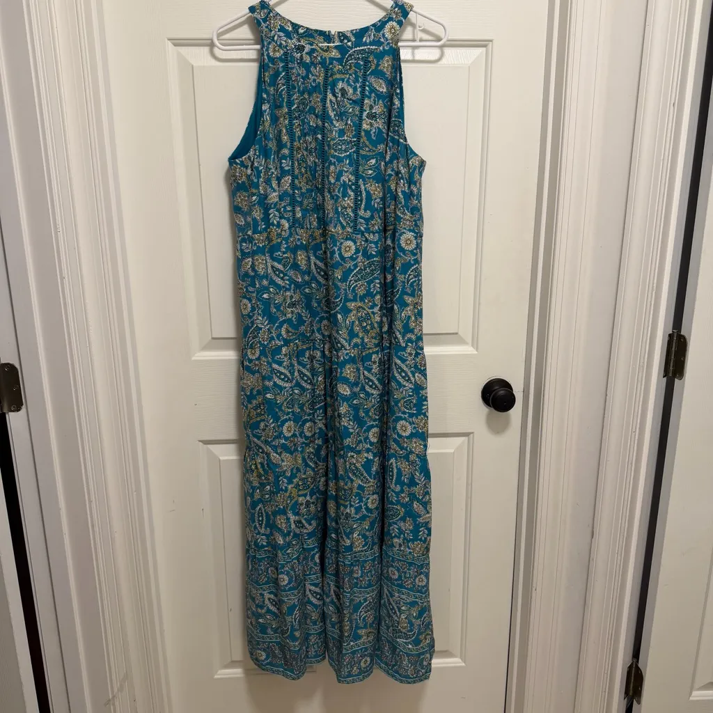 J. Jill Tiered Maxi Dress Light Oceanside Lovely Paisley Floral Teal Dress Large Green - Image 2