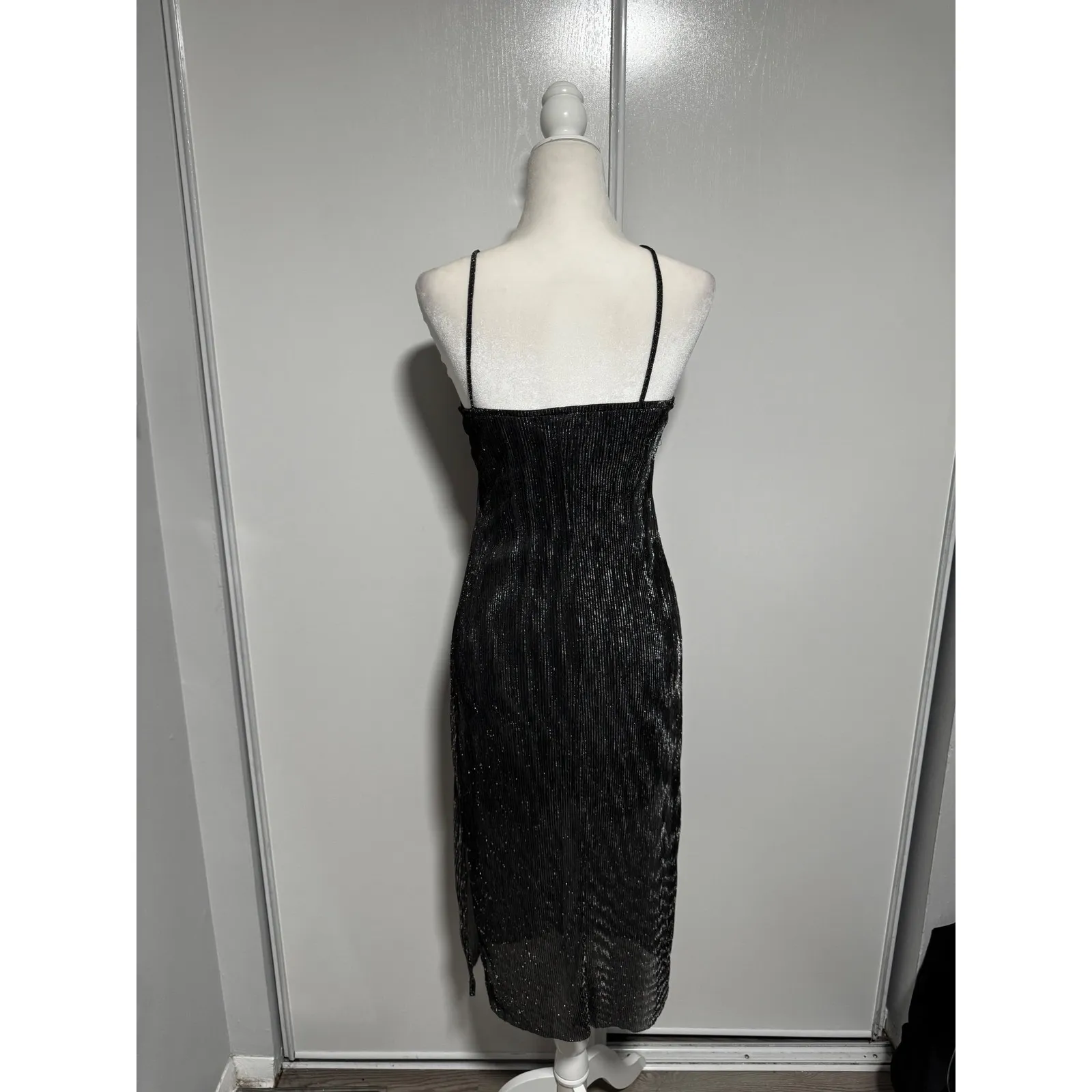 Black Sparkle Slip Dress Lace Trim Sleeveless Midi Evening Cocktail Sm/Med - Image 3