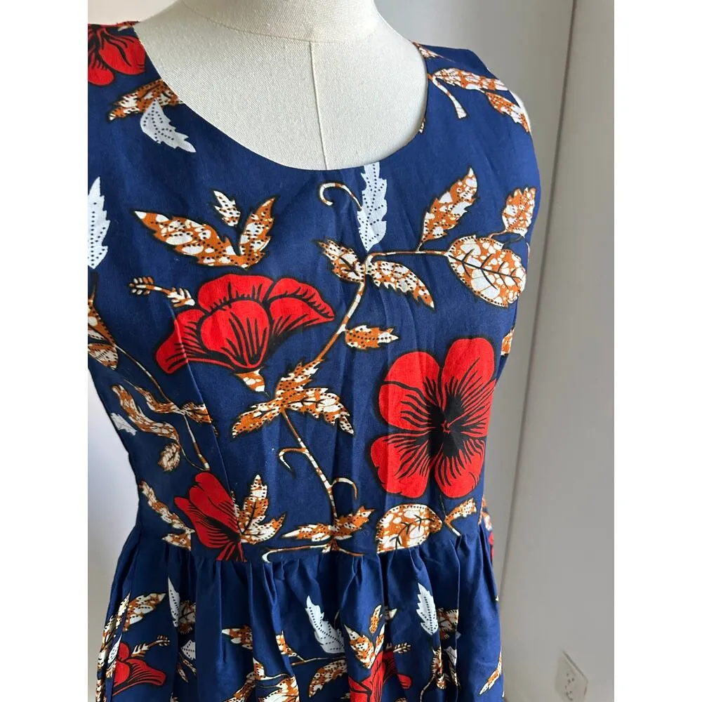 Vintage Handmade Dress Hawaiian hibiscus Print Knee Length Size Small Blue Red - Image 3
