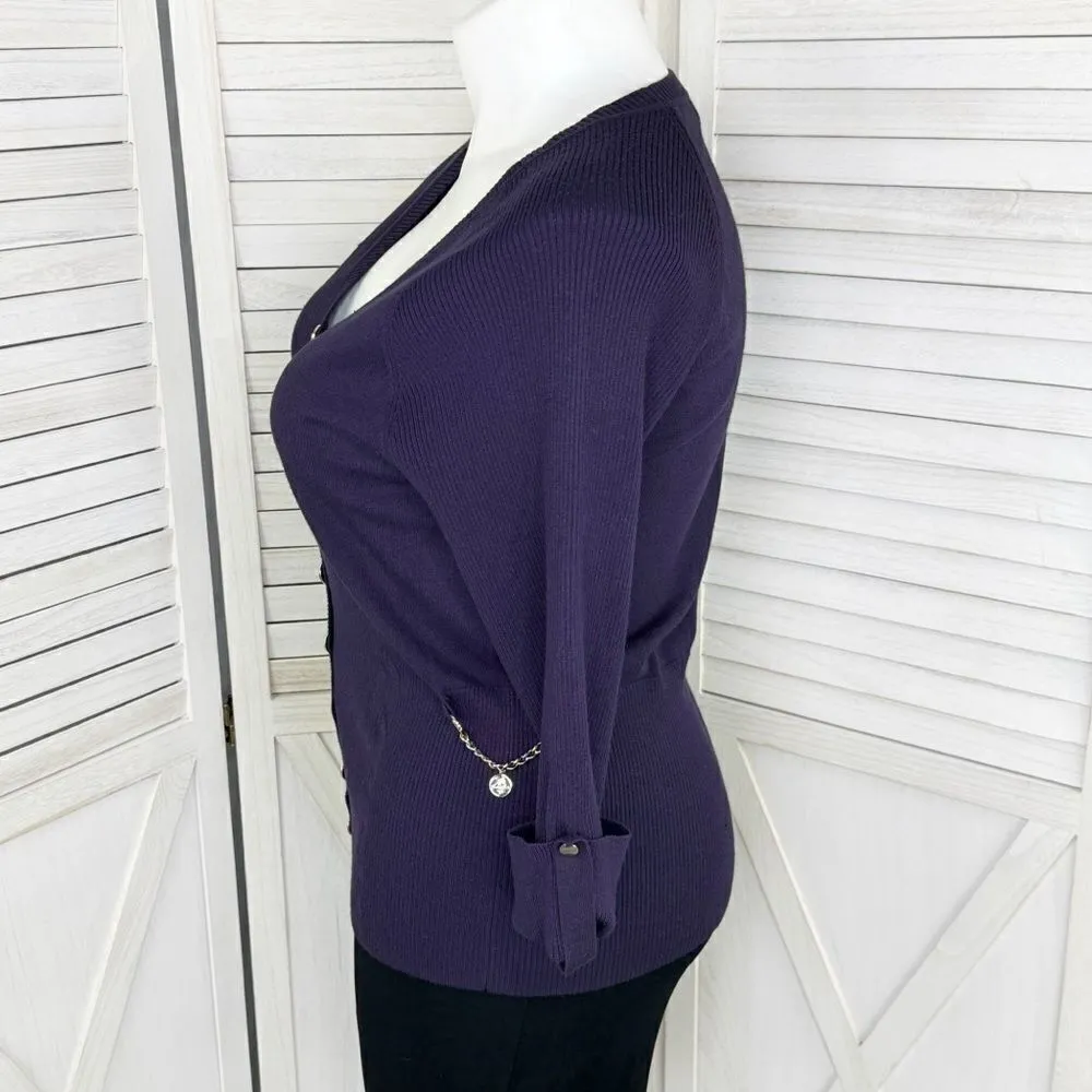Peck & Peck Collection V Neck Chain Detail Cardigan Sweater Purple XL Button - Image 2