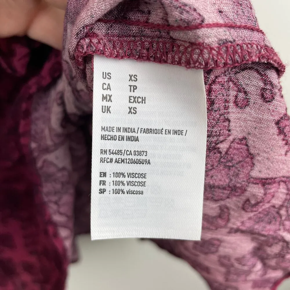 American Eagle Boho Bell Sleeve Tiered Tunic Dress Keyhole Neck Wine Floral - XS - Image 5