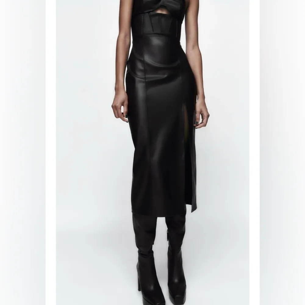 Zara Bloggers Fav Topstitched Faux Leather Midi Slit Christmas CutOut Dress Sz M - Image 7