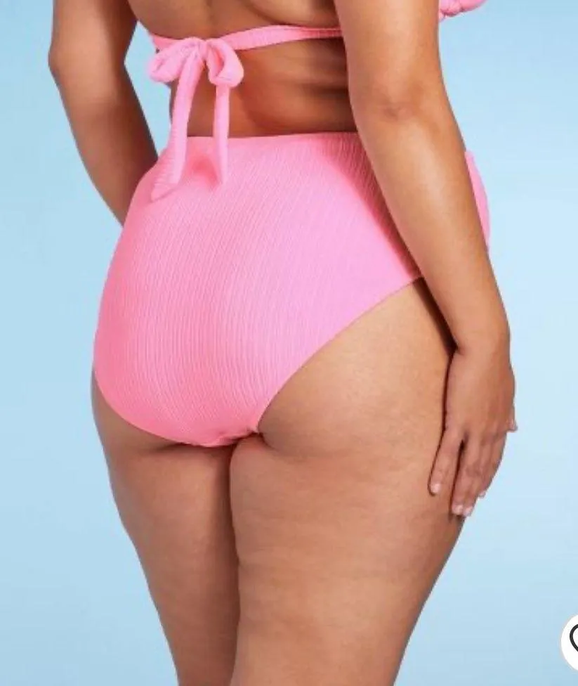 Women's Plisse Textured Mid Waist High Leg Cheeky Bikini Bottom - ™ Pink - Image 2