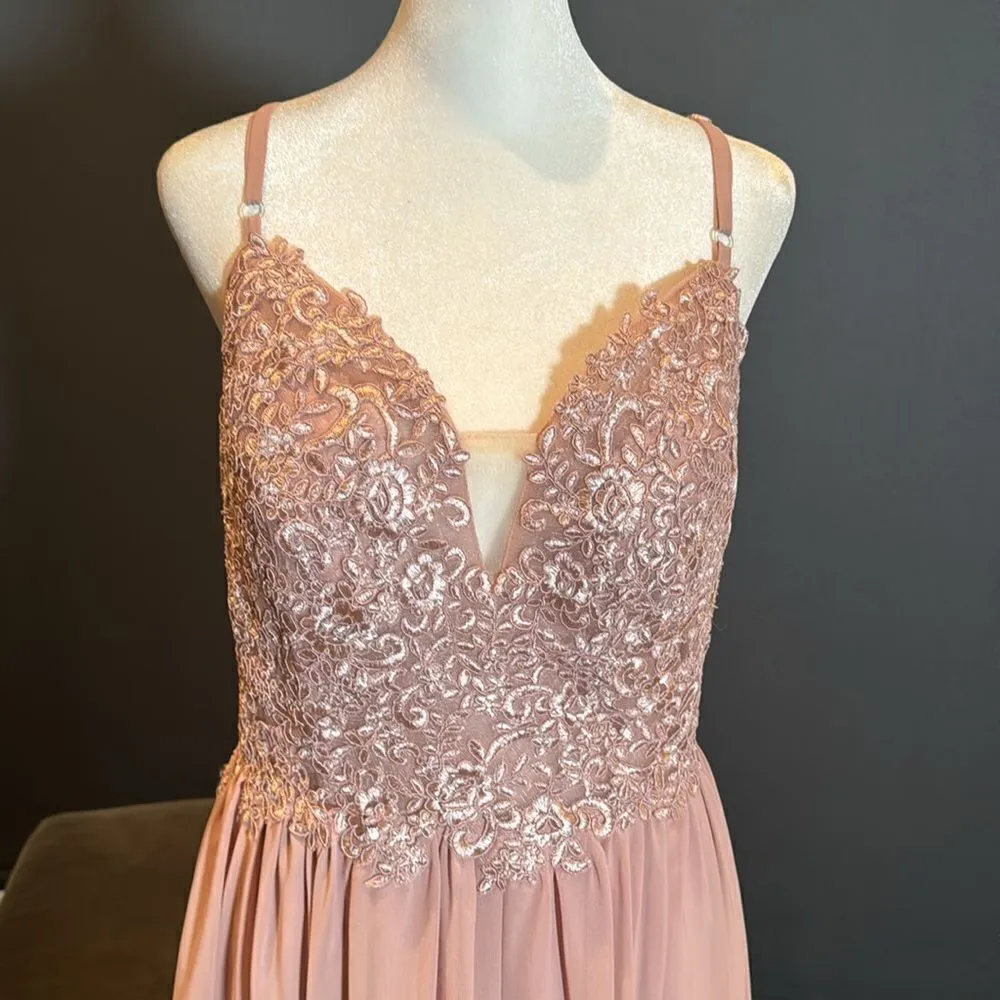 Women’s Pink Chiffon & Lace Appliqué Bridesmaid Dress Zip Up & Leg Slit Size 8 - Image 2