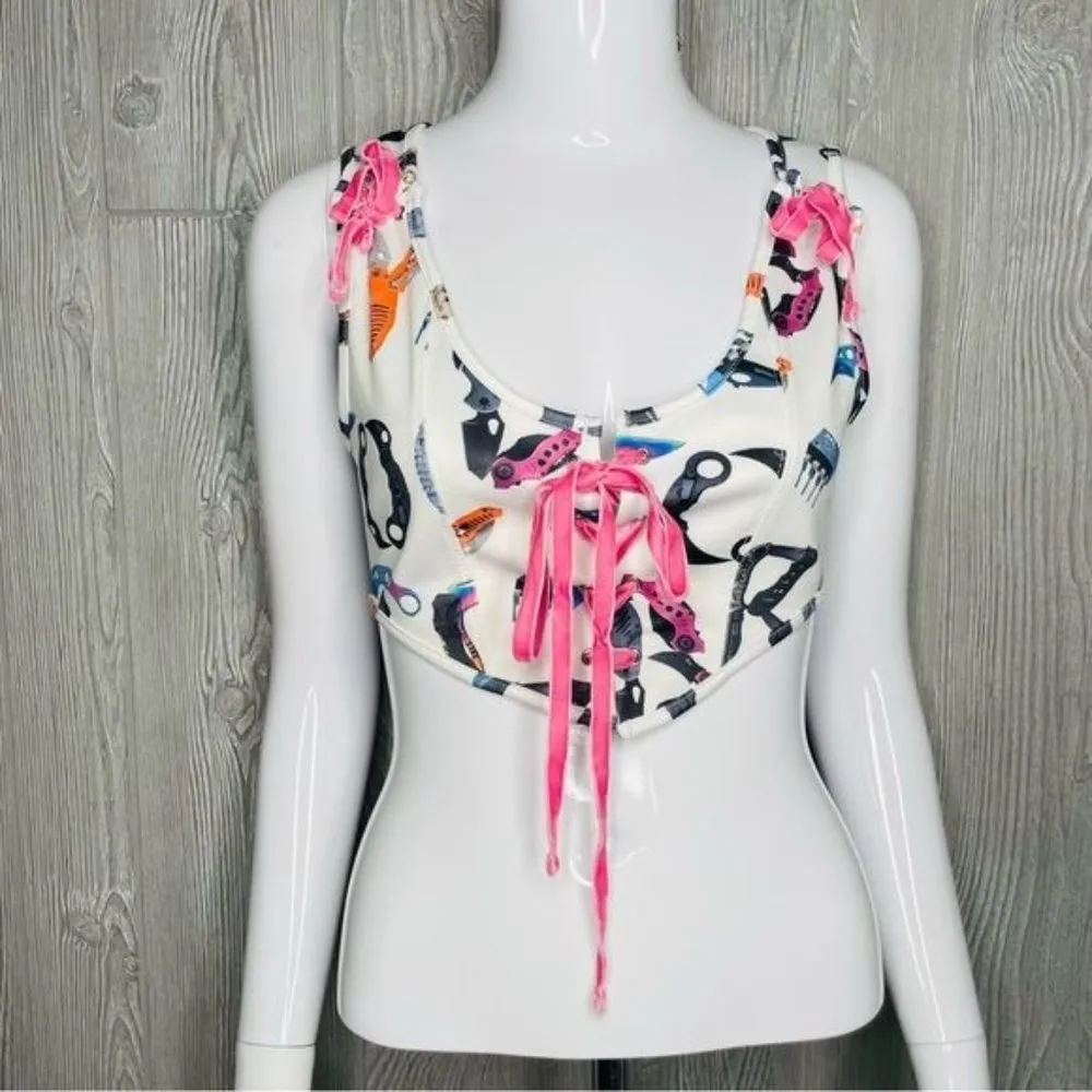 SHEIN X Cute But Psycho Knot Front Graphic Print corset front cropped Tank Top X - Image 5