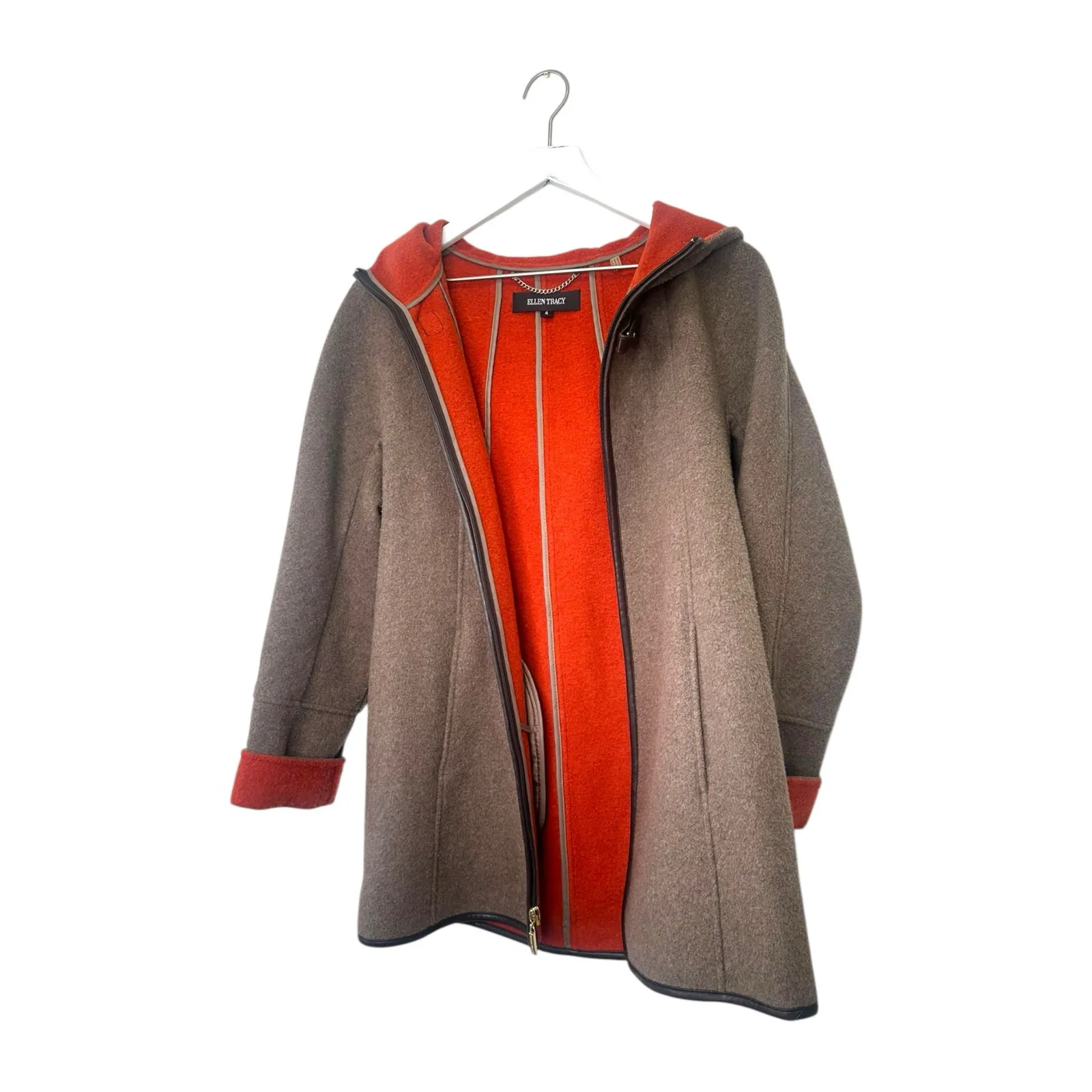 Ellen Tracy Wool Blend Hooded Car Coat Gray with Orange Lining Size 4 - Image 7