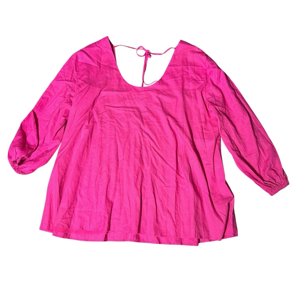 Lovers And Friends Moda Mini Dress Linen Hot Pink Blouson Sleeve Babydoll Large - Image 4