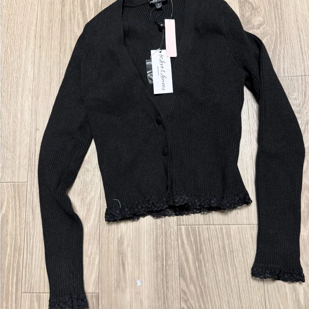 NWT For Love And Lemons Black Ribbed cropped Cardigan Medium - Image 2