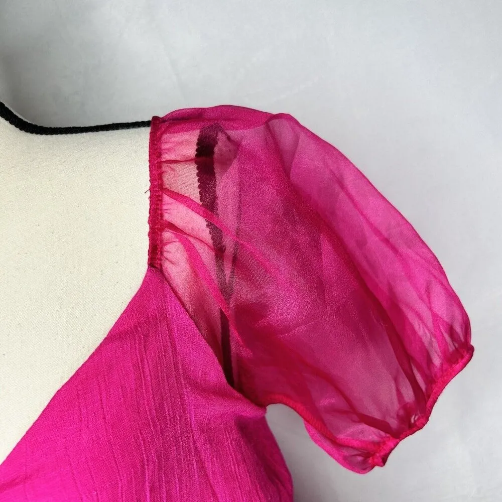 Altar'd State Sz M V-Neck Short Puff Sleeve Mini A-line Dress Pink Tie-Back - Image 4