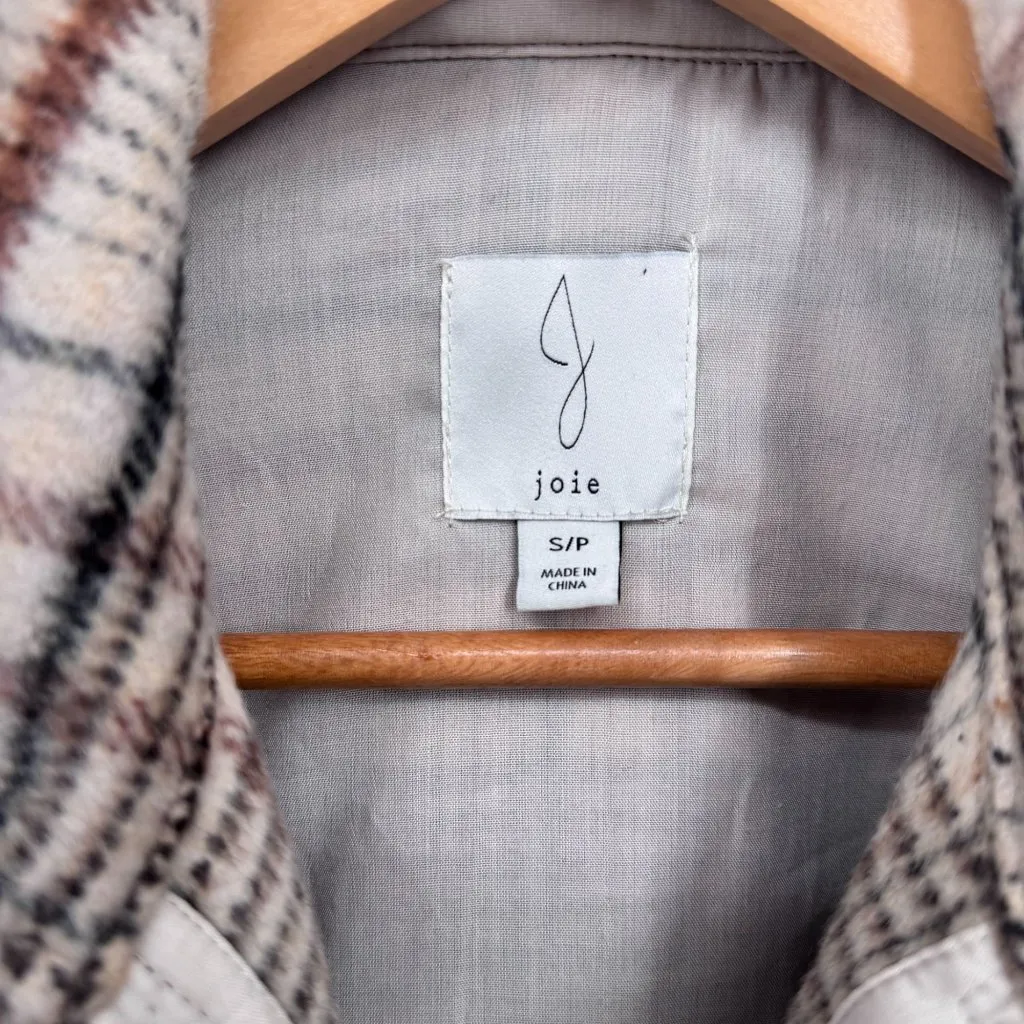 Joie Shacket Womens Small Cream Brown Black Plaid Polyester Wool‎ Blend Pockets - Image 4
