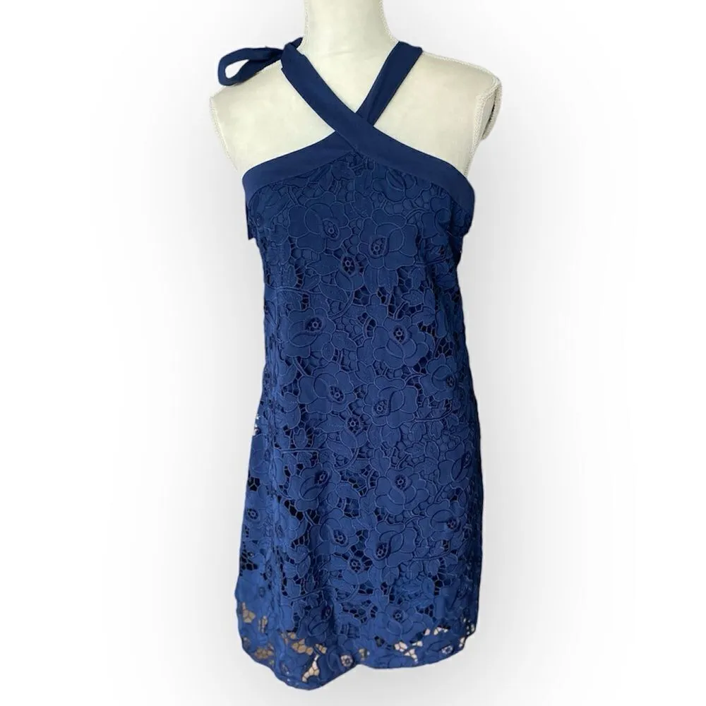 Anthropologie Shoshanna Floral Lace Navy Blue Halter Dress Size 6 - Image 4