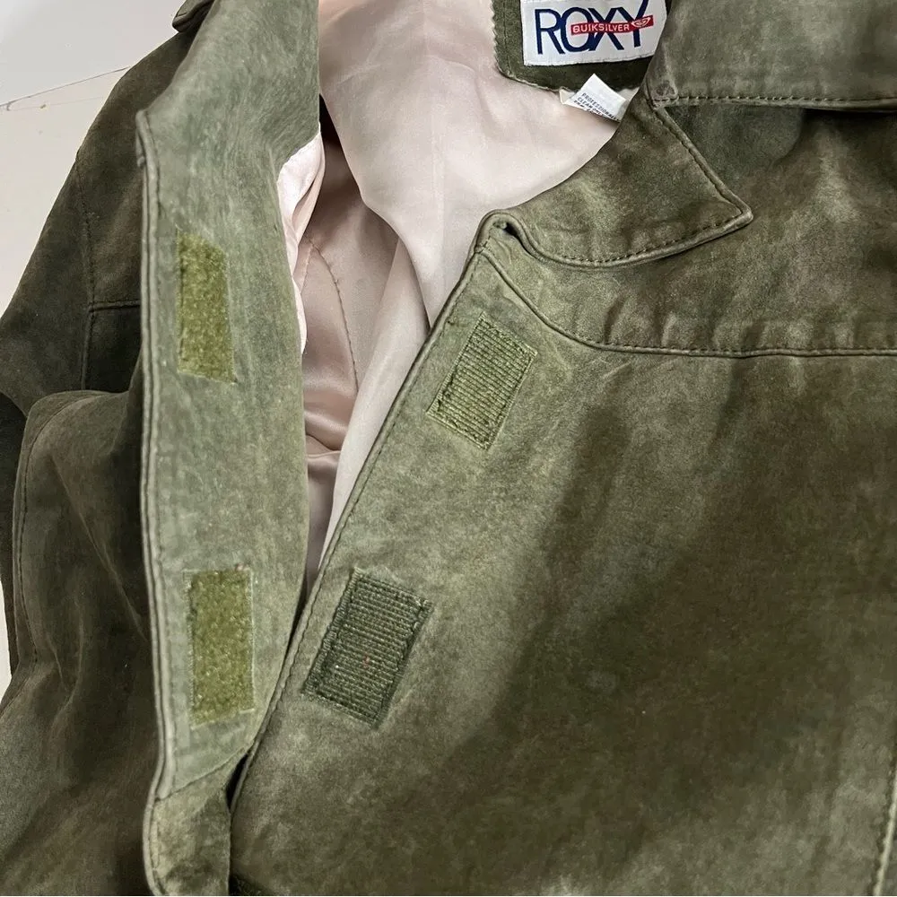 ROXY Suede Jacket Olive Green Hook & Loop Closure Satin Lining Size Medium - Image 10