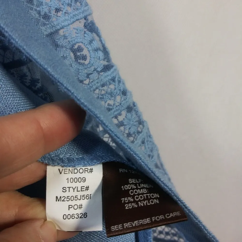 Multiples Blue Linen Open Front Crochet Jacket Cardigan Size Small - Image 8