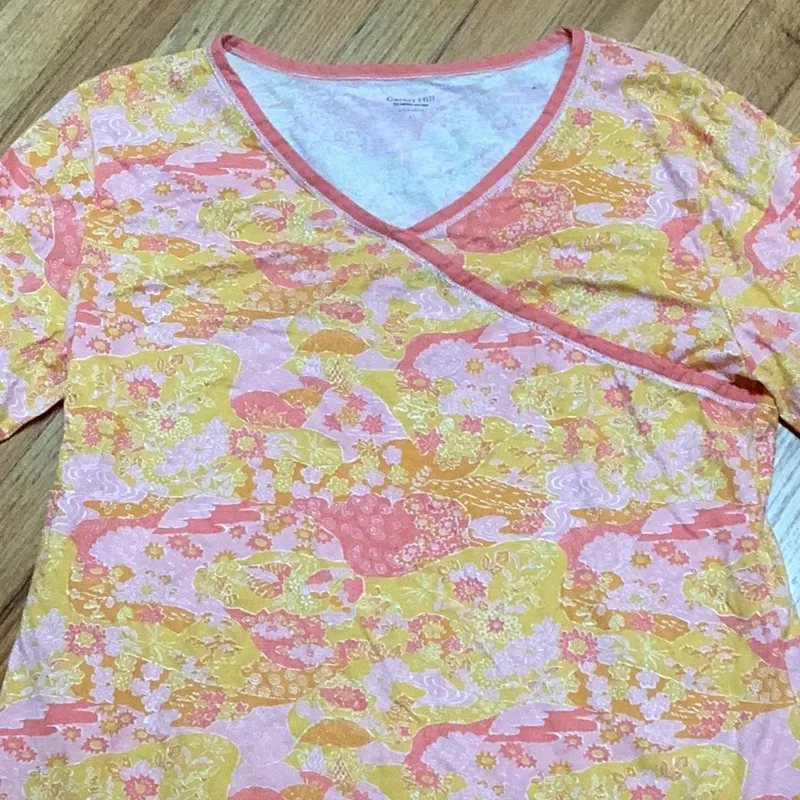 Garnet Hill Asian Wrap Organic Cotton Floral Print Pajama Top size large - Image 3