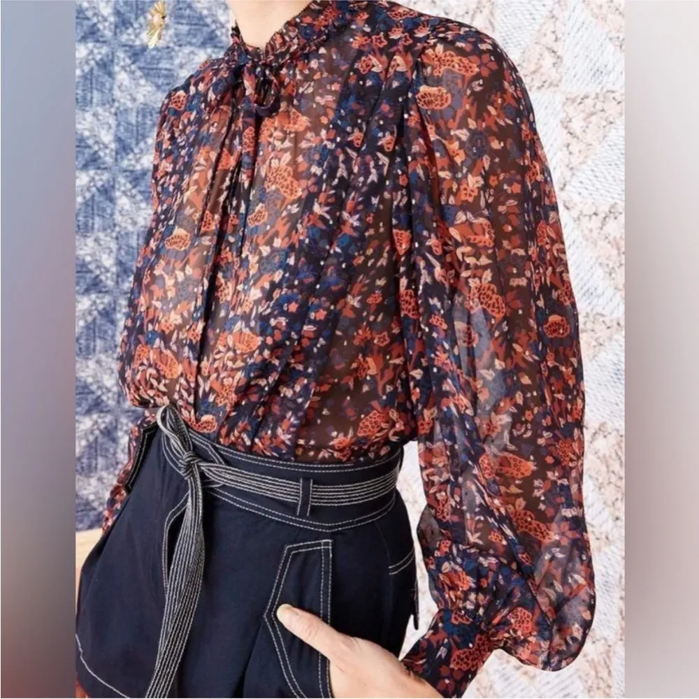 Ulla Johnson Silk Floral Long Sleeve Metallic Edith Blouse Size 2 Small Navy Top - Image 2