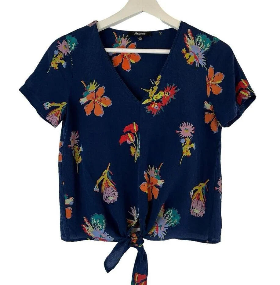 Madewell Size XXS Bird of Paradise Tie Front Silk Top V-Neck Shirt Sleeve Blouse - Image 2