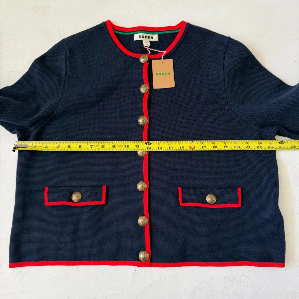 Boden Blue 100% Cotton Holly Knitted Cardigan Navy Red Knitted Size 16 - Image 12