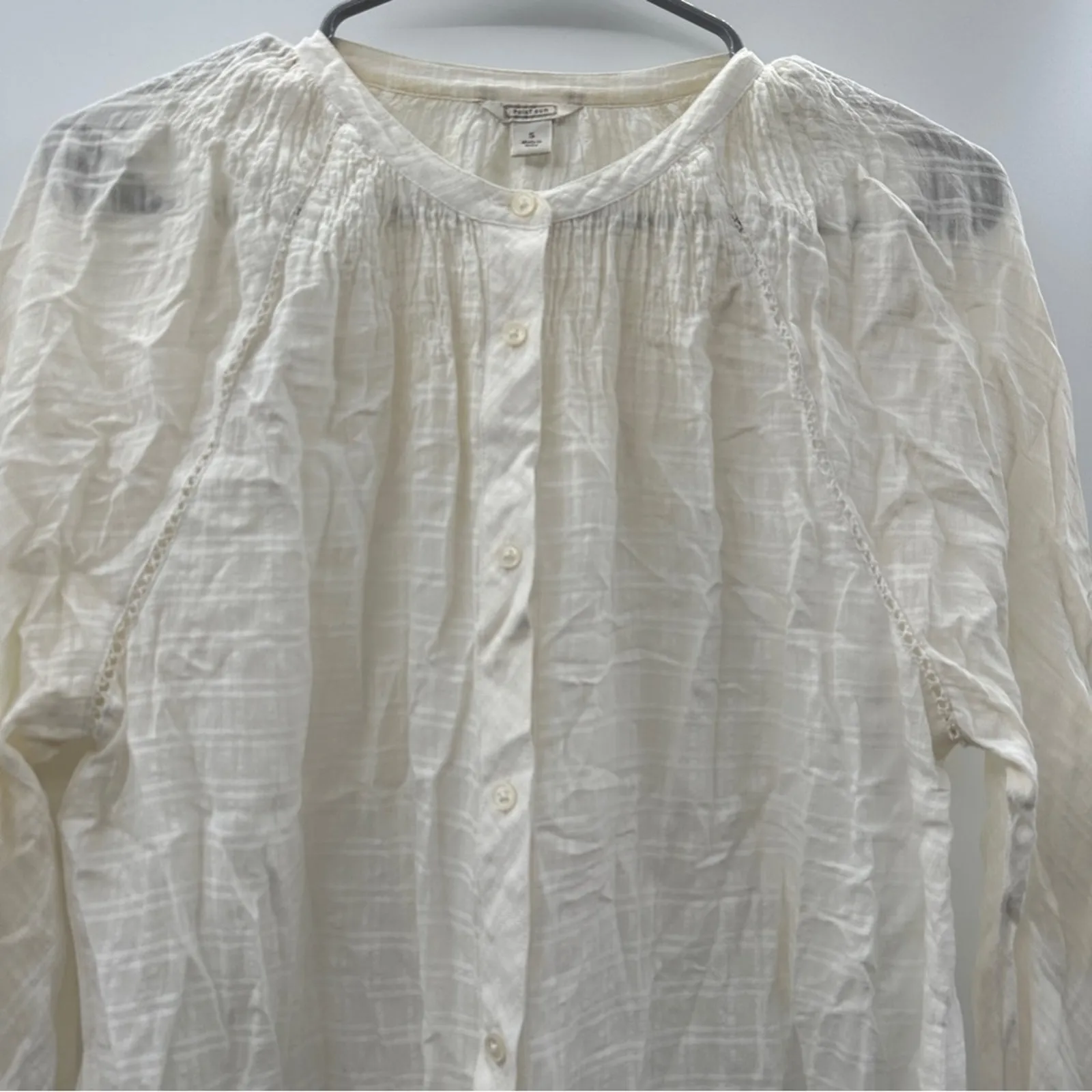 J. Crew Point Sur White Long Sleeve Peasant Top‎ in Windowpane Cotton Voile Sz S - Image 2