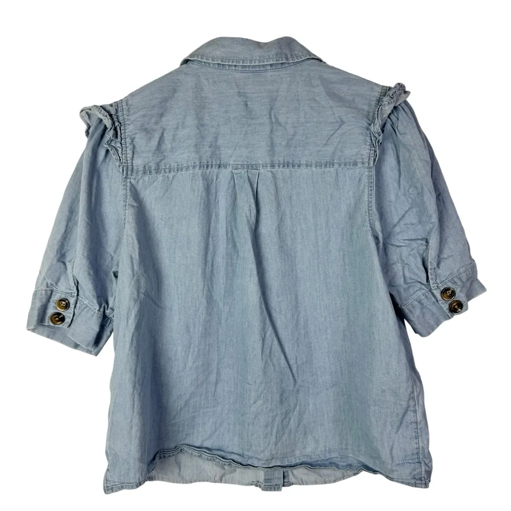 Who What Wear Blue Chambray Ruffle Button Down Short Sleeve M - Image 2