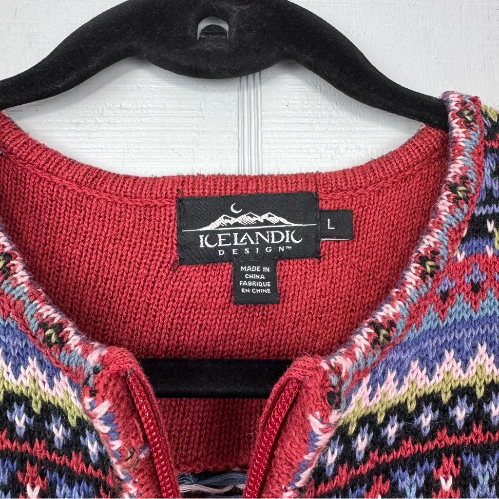 Icelandic Design Red Pattern Full Zip Sweater Fair Isle Tassel Accent Silk Blend Size L - Image 6