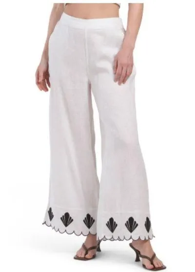 Calypso St. Barth Brilliant White Linen Woven Embroidered Pull On Pants - Image 1
