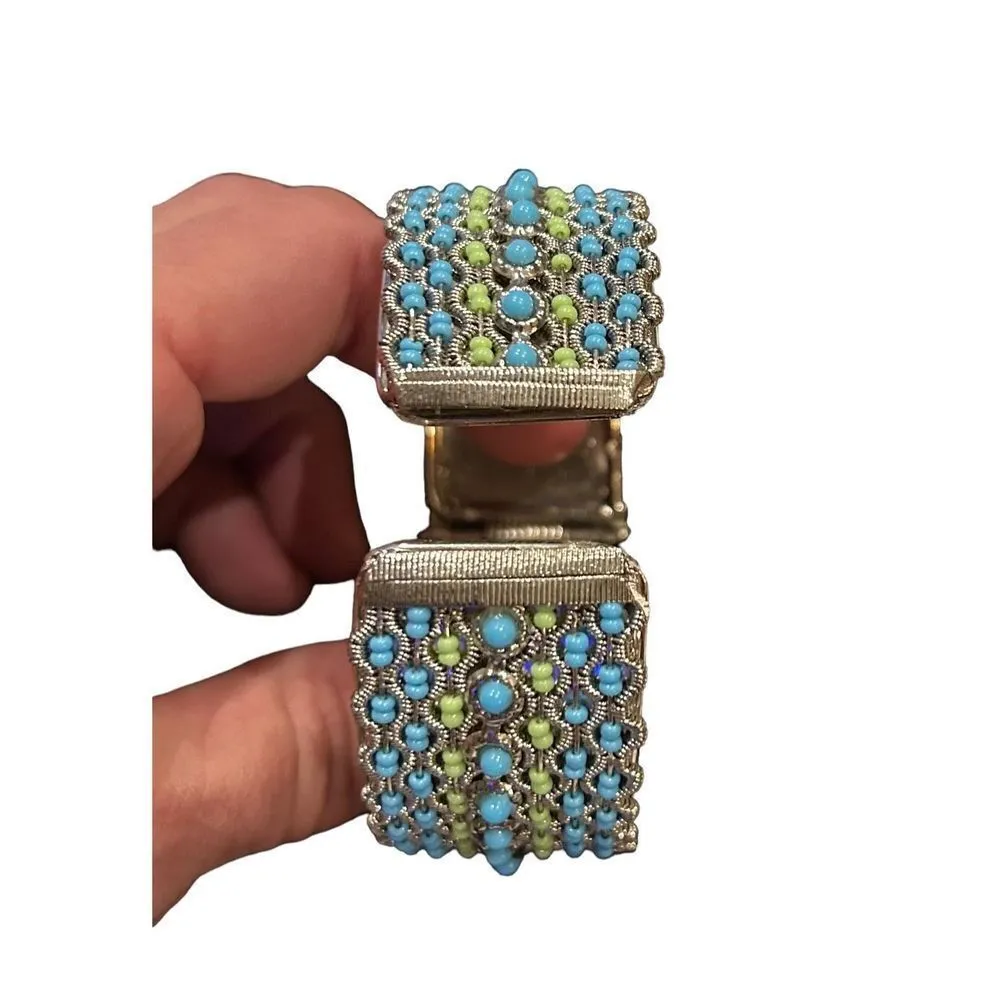 Vintage Boho Faux Turquoise Hinge Cuff Bracelet Silver Tone - Image 7