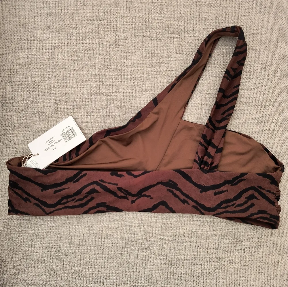 WeWoreWhat Brown Multi Tiger Stripe Asymmetrical Cross Over Bikini Swim Top XL - Image 5