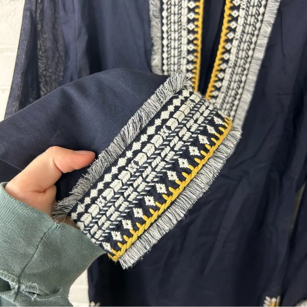Tory Burch Navy Embroidered Fringe Detail 100% Cotton Tunic Size 8 - Image 7