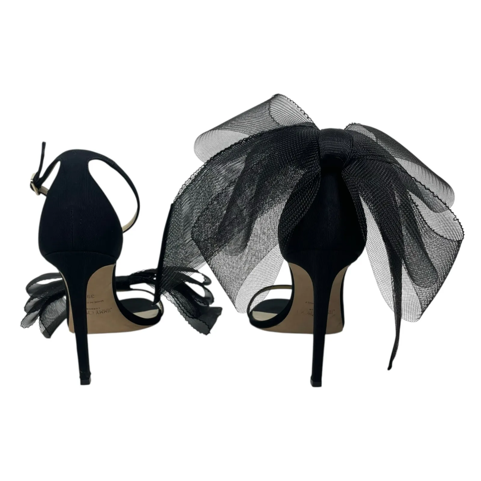 Jimmy Choo Aveline 100 Black Sandal Grosgrain Mesh Fasincator Bow Size 39 - Image 8