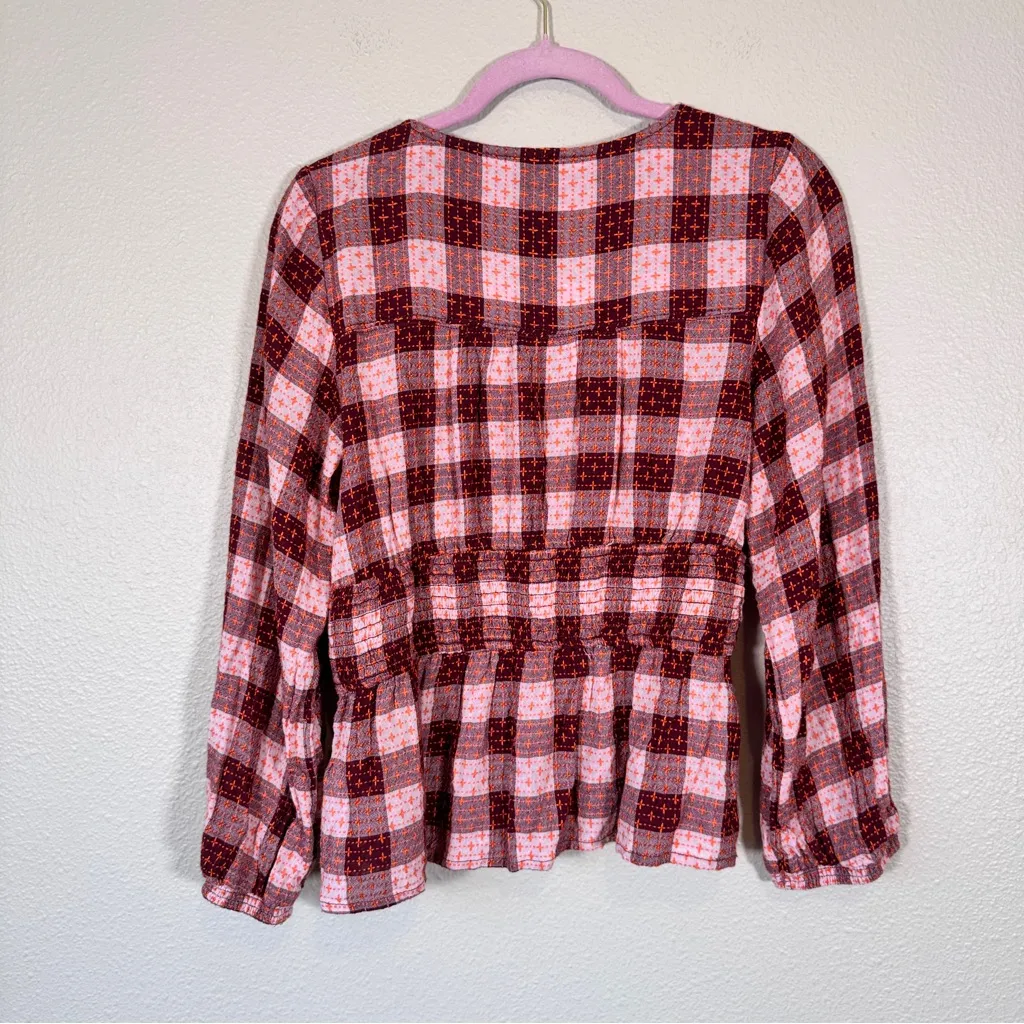 Pilcro Pink Red Plaid Peplum Blouse Womens S Fall Boho Long Sleeve Shirt Top - Image 3