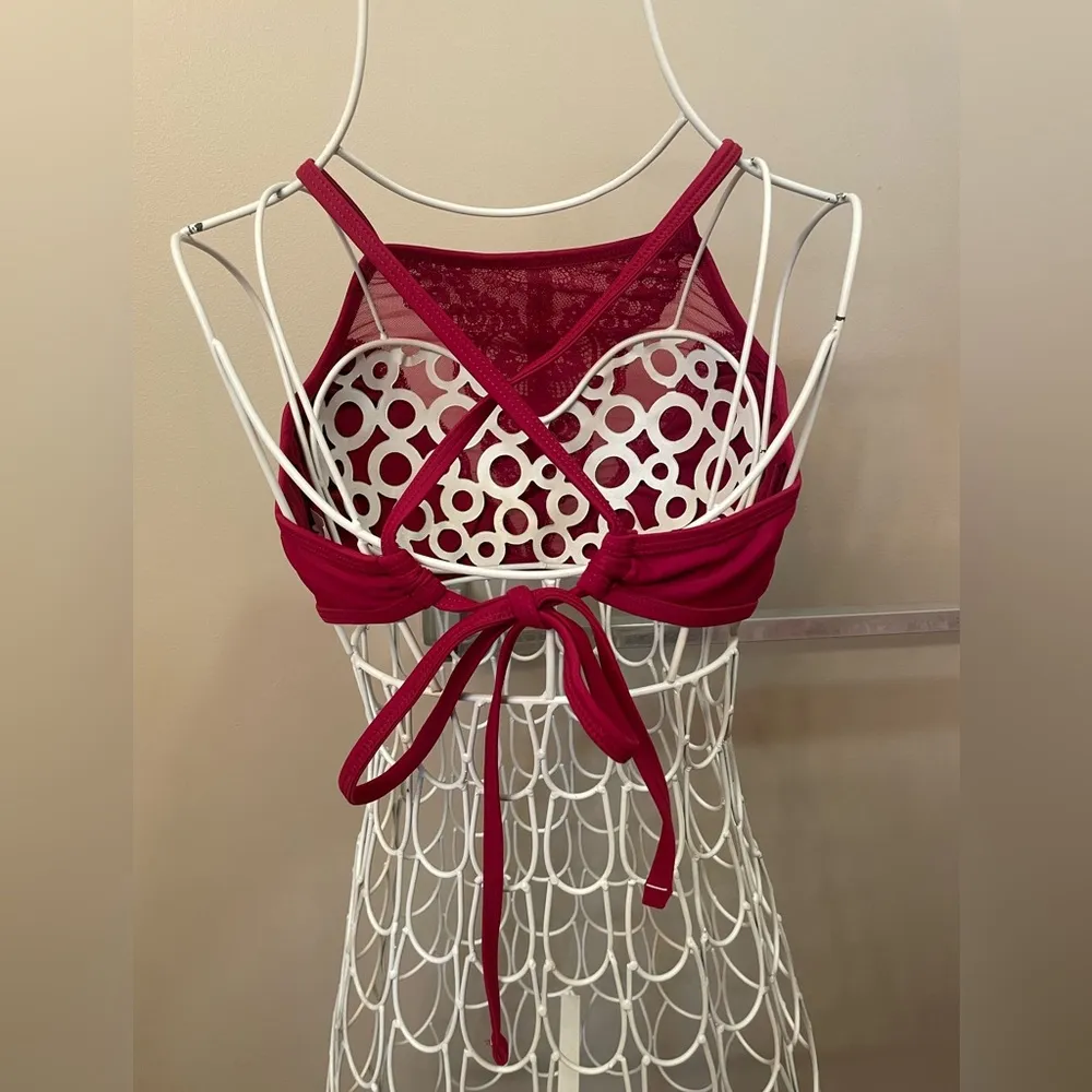 Xhilaration Bikini Swim Suit Halter Top, Tie in Back, Red Mesh Sheer Lace - Image 2