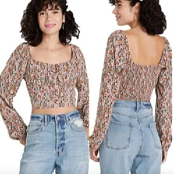 NEW NWT WILD FABLE Puff Long Sleeve Bustier Top Pink Brown Floral Y2K Crop Top - Image 2