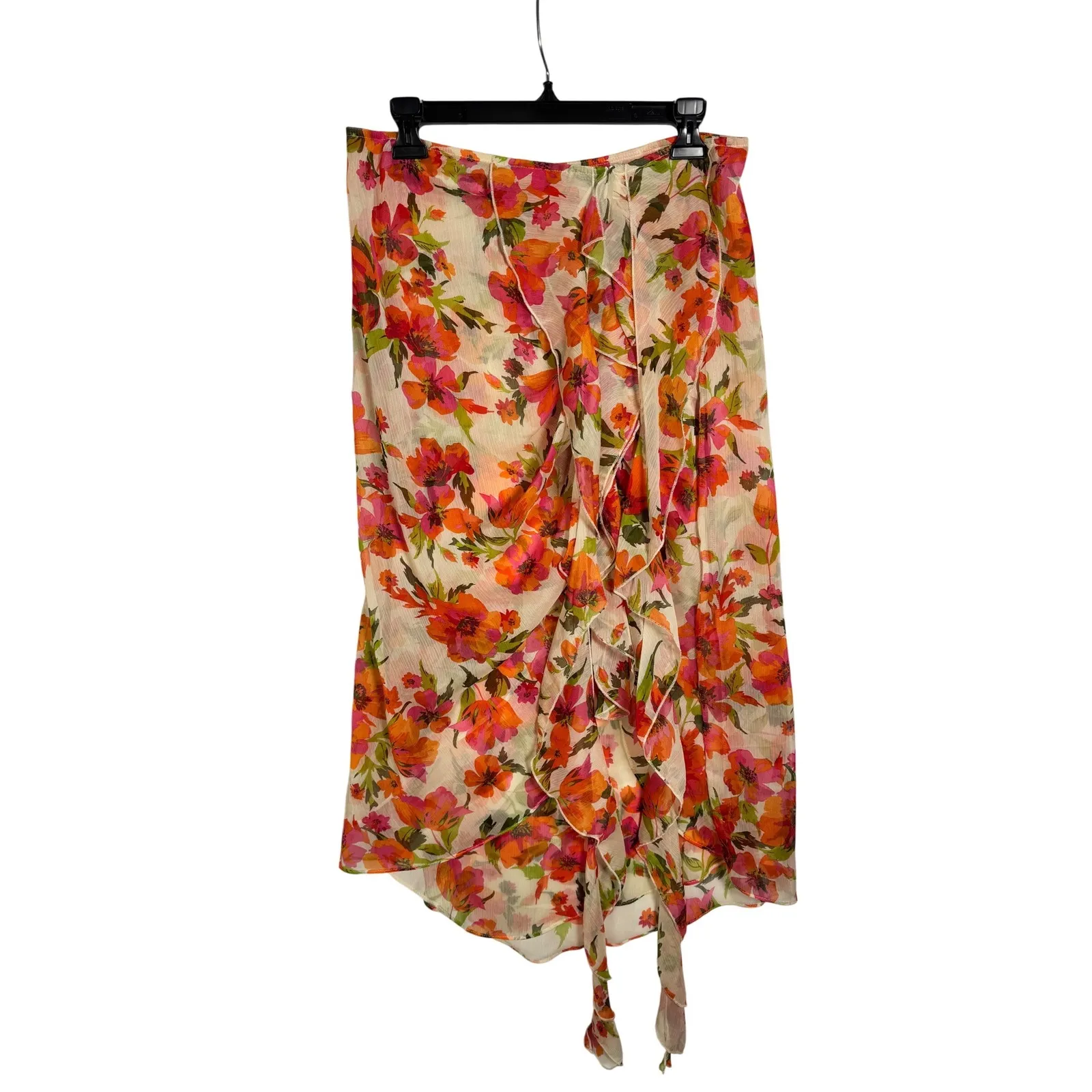 MISA LOS ANGELES Floral Wrap Ruffle Midi Skirt Orange Pink Womens Size L - Image 3