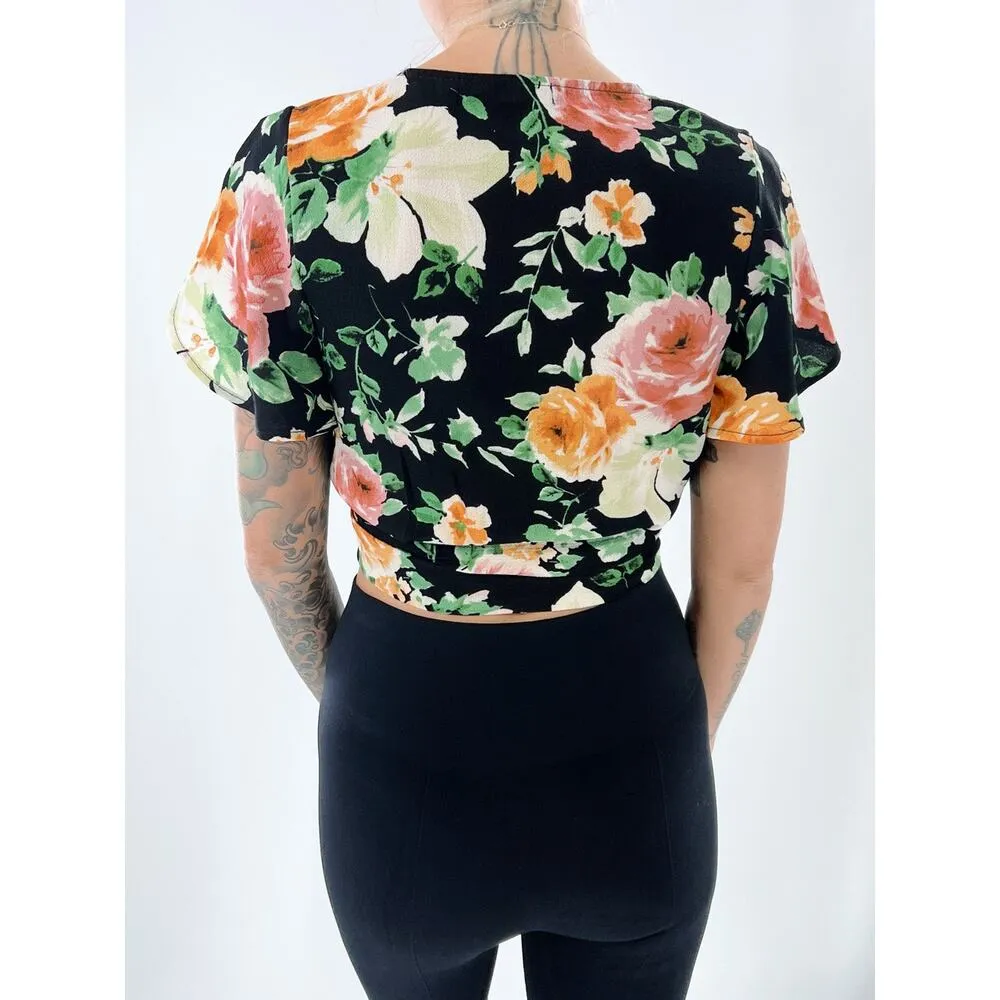 Mind Code Black Floral Wrap Short Sleeve Blouse Size Small - Image 3