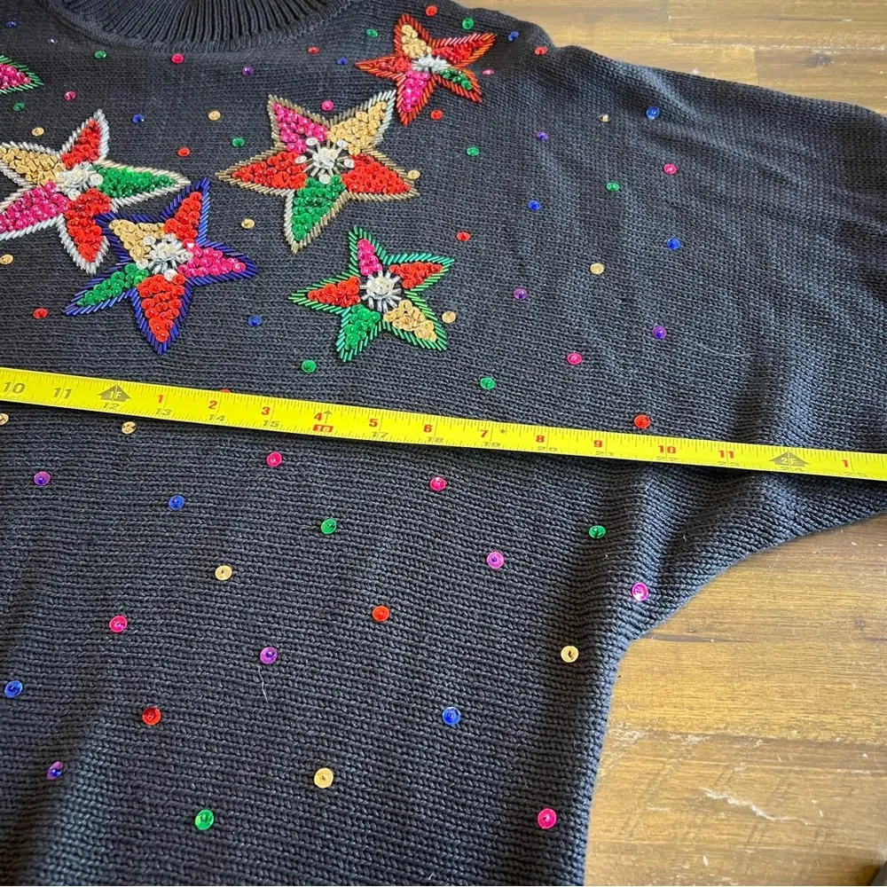 Vintage Beaded Sequin Holiday Sweater Stars Christmas Ugly Long Line Oversized L Black Size L - Image 7