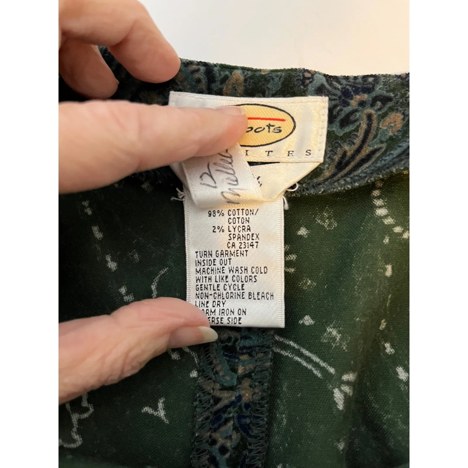 Paisley Stretch Velvet Pants Green Talbots Petites Cotton Womens 12P - Image 3