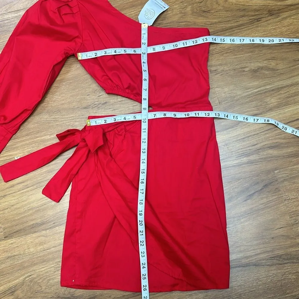 NWT Red One Shoulder Cut Out Side Wraped Tie Long Sleeve Bodycon Sz One Size - Image 7