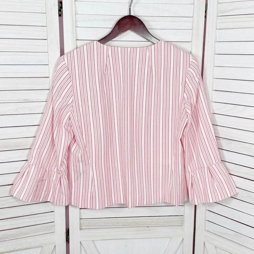 Nine West Striped Open Front Crop Blazer Jacket 3/4 Flared Sleeve Red White 8 - Image 9
