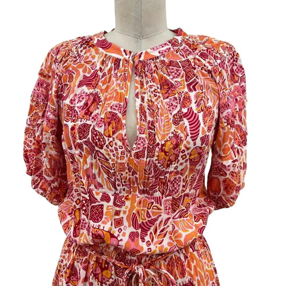 Poupette St.‎ Barth Mini Bona V Red Chagal Printed Pink Orange Dress Size Small - Image 4