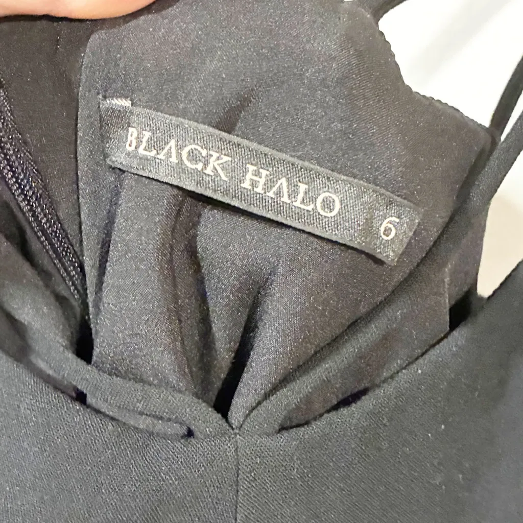 Black Halo Size 6 Behati Black Cocktail Dress Mini Strappy Bodycon Back Zip - Image 4
