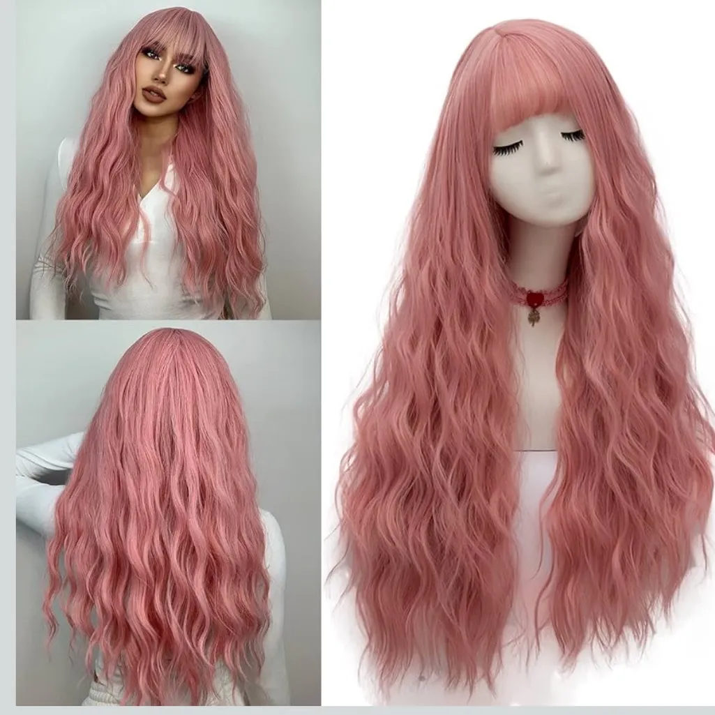 Pink Wig Long Fluffy Curly Wavy Hair Wigs Heat Friendly Synthetic Cosplay - Image 2