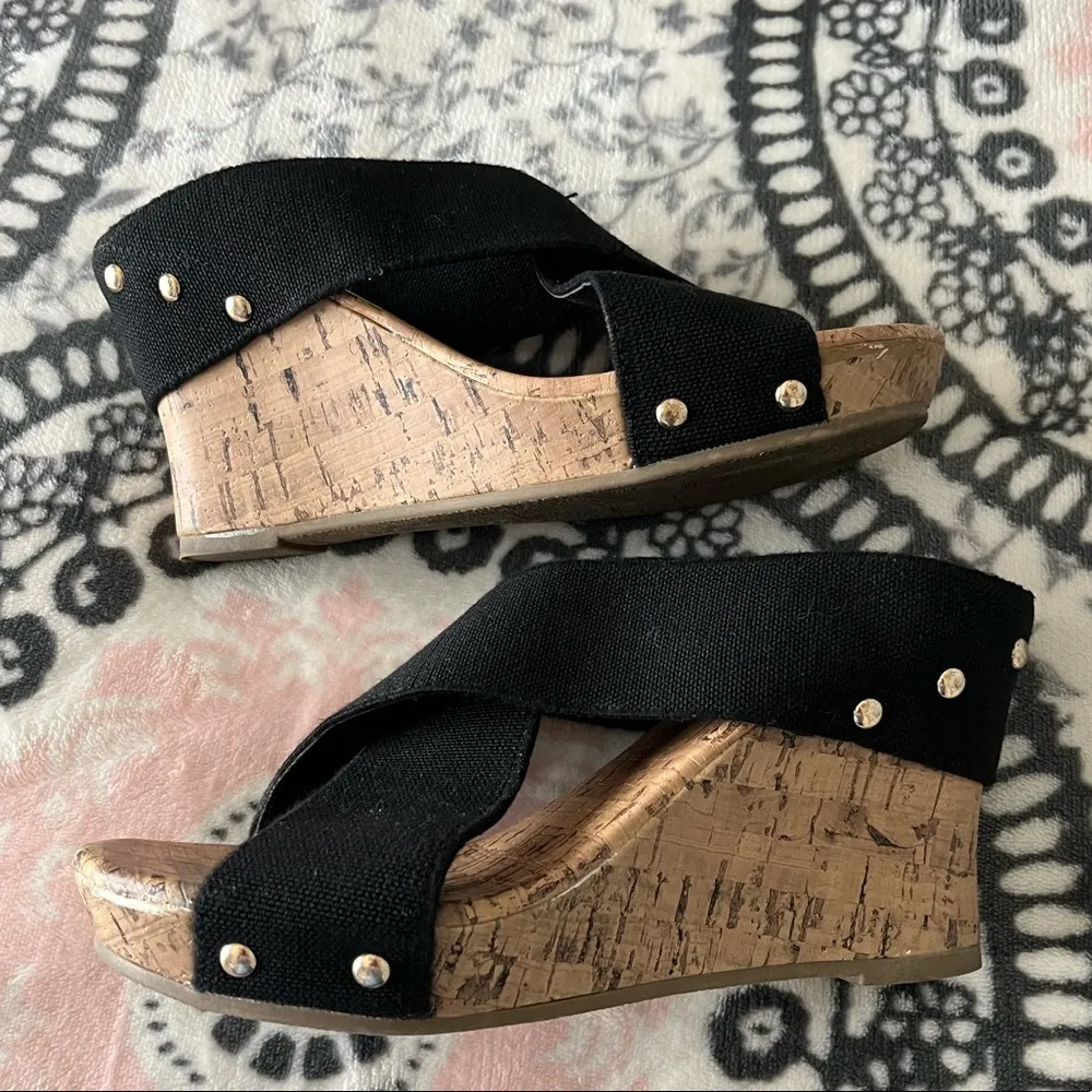Black Wedge Sandals Platforms Cork Womens 8.5 - Image 2