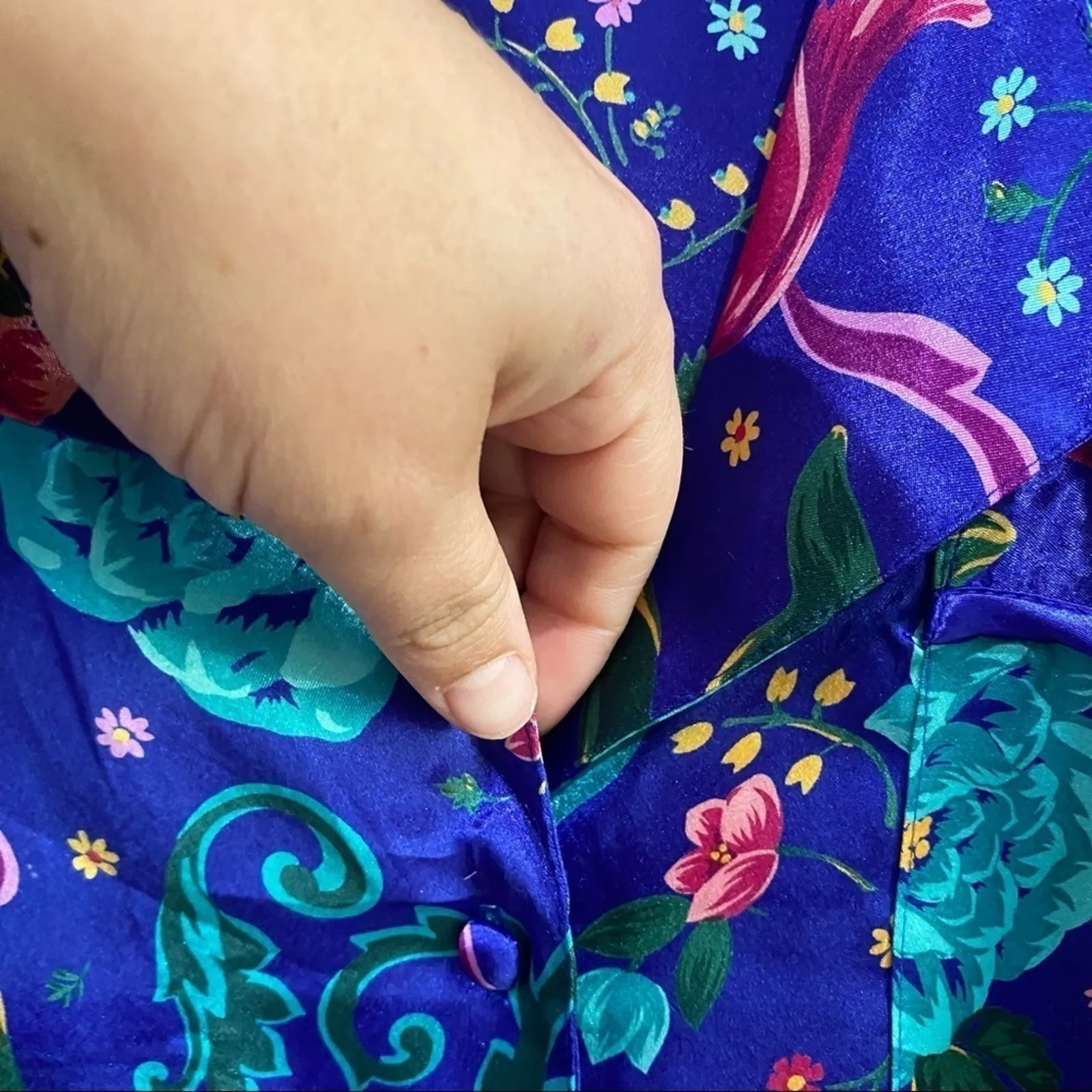 VTG 90s Floral Satin Pajama Top Size S Silky Boxy Button Blouse Boho Blue - Image 6