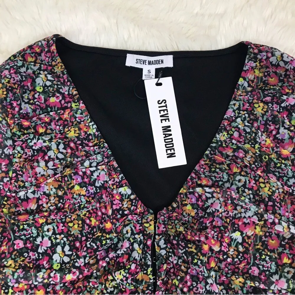 STEVE MADDEN Floral Mesh Long Sleeve Crop Top Hook And Eye Front Sz XS Small New - Image 6